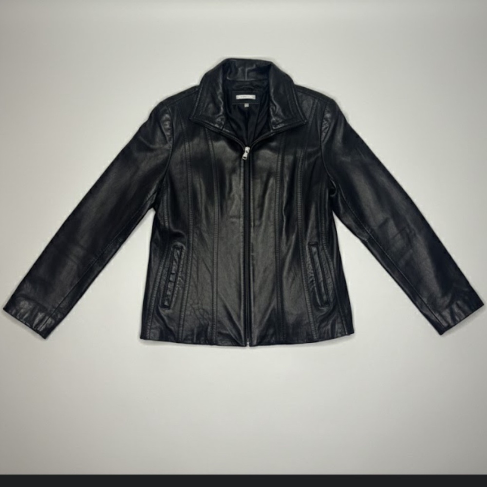 Avanti Genuine Leather Black Jacket Fitted Silver Zip Size L Large EUC Women 90s